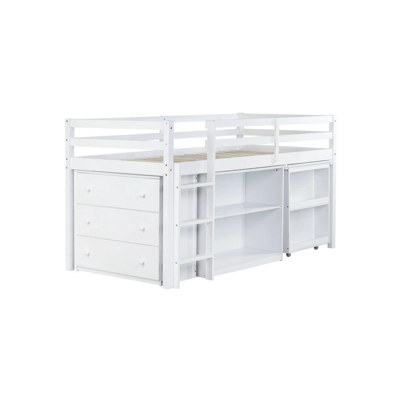 Twin Loft Bed with Pull-Out Desk, 3-Drawer Cabinet & Shelves