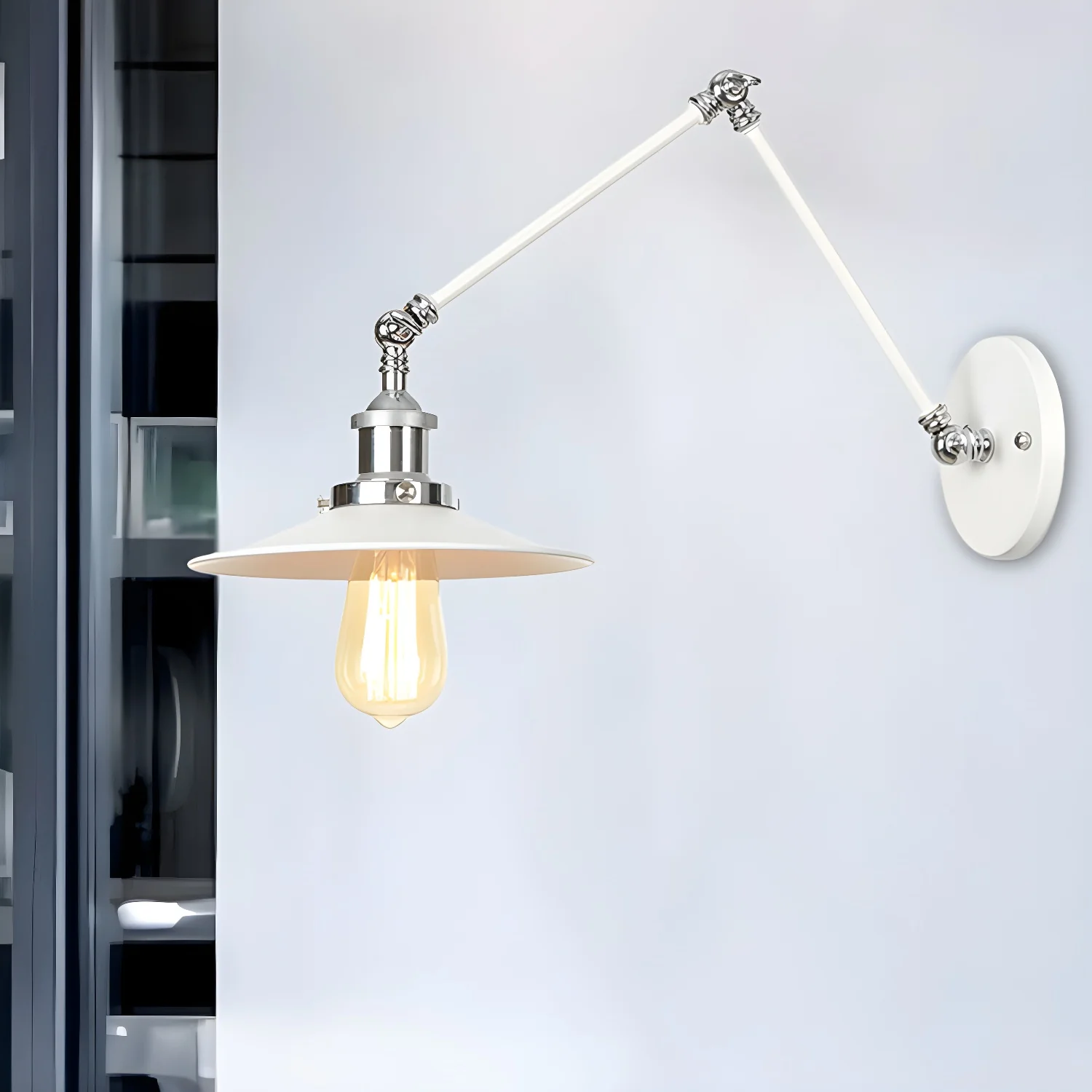 White Metal Adjustable Swing Arm Wall Light with Different Shade