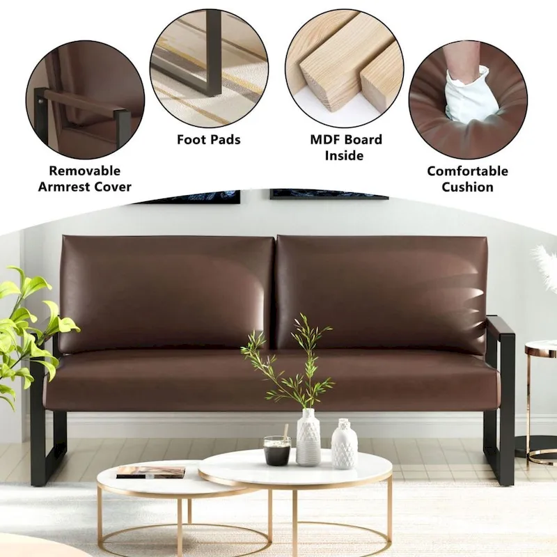 Mieres Mid-Century Style Faux Leather Loveseat Sofa with Steel Frame