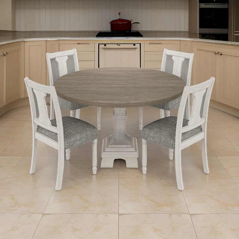 Sane 5pc Dining Table and Chair Set, Fiddleback, Round Top, Gray, White