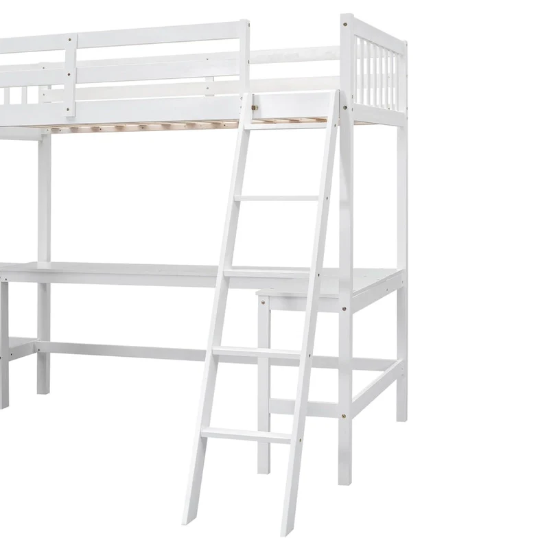 Twin Size L-Shaped Loft Bed with Ladder and 2 Built-in L-Shaped Desks