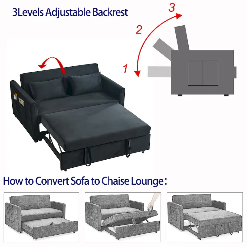 Convertible Sofa Bed, 3-In-1 Versatile Velvet Double Sofa With Pullout Bed