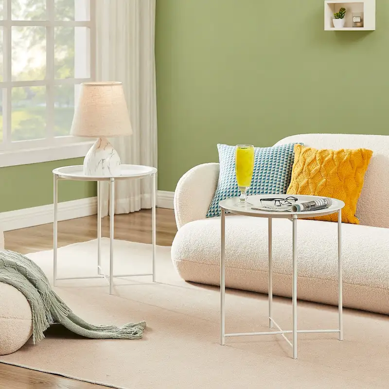 Modern Side Table with Round Removable Tray, Beige