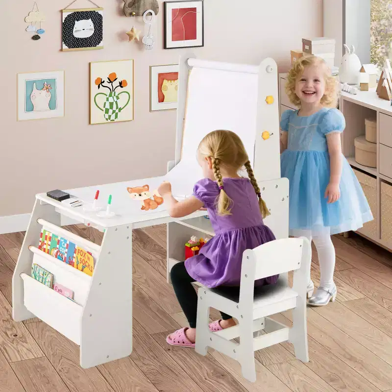 Costway Kids Art Table and Chair Set with Easel & Chair Whiteboard & Chalkboard Paper Roll