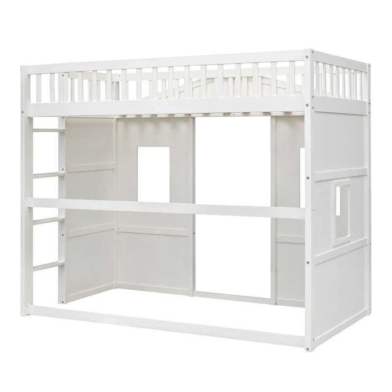 White Castle Style Solid Pine Wood Loft Bed with Ladder and Guard Rails