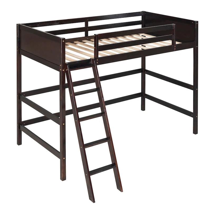 Twin Solid Wood Loft Bed with Ladder & Fence