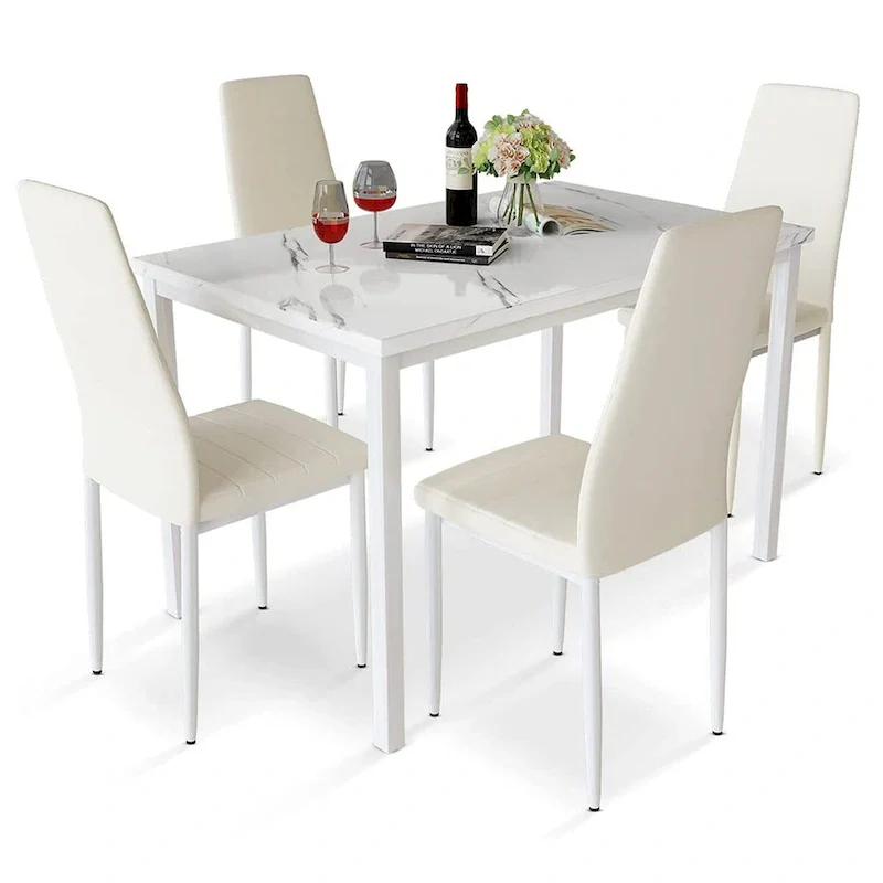 Mieres Modern Style 5-Piece Faux Marble Top Dining Table Set with 4 Faux Leather Upholstered Dining Chairs