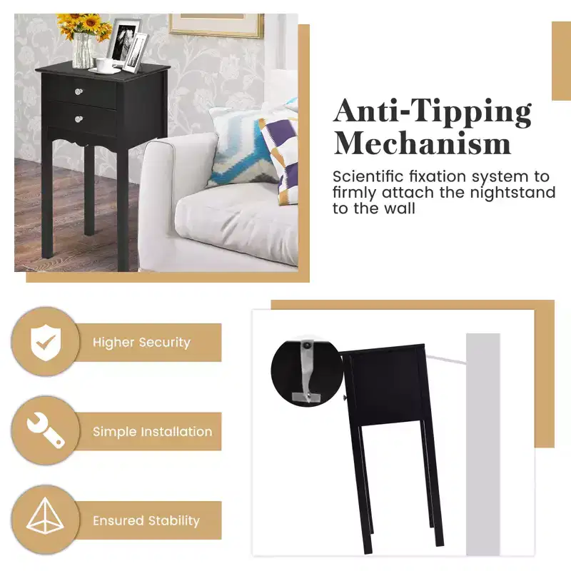 Costway Side Table End Accent Table Night Stand W/ 2 Drawers Furniture Black
