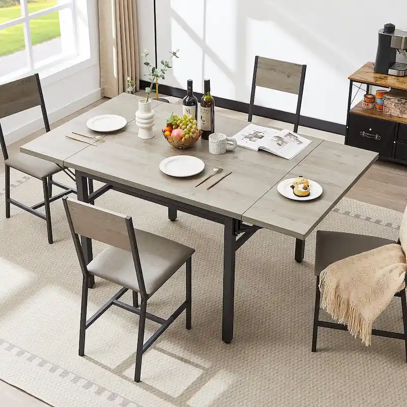 Modern Industrial 63.2  Extendable Dining Table w/Drop Leaf, Seats 6