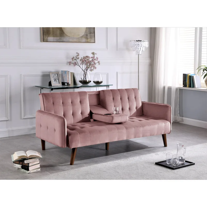 Tufted Linen Futon Sleeper Sofa – Grey / Blue / Green / Beige / Pink / Dark Grey, 2-Seat