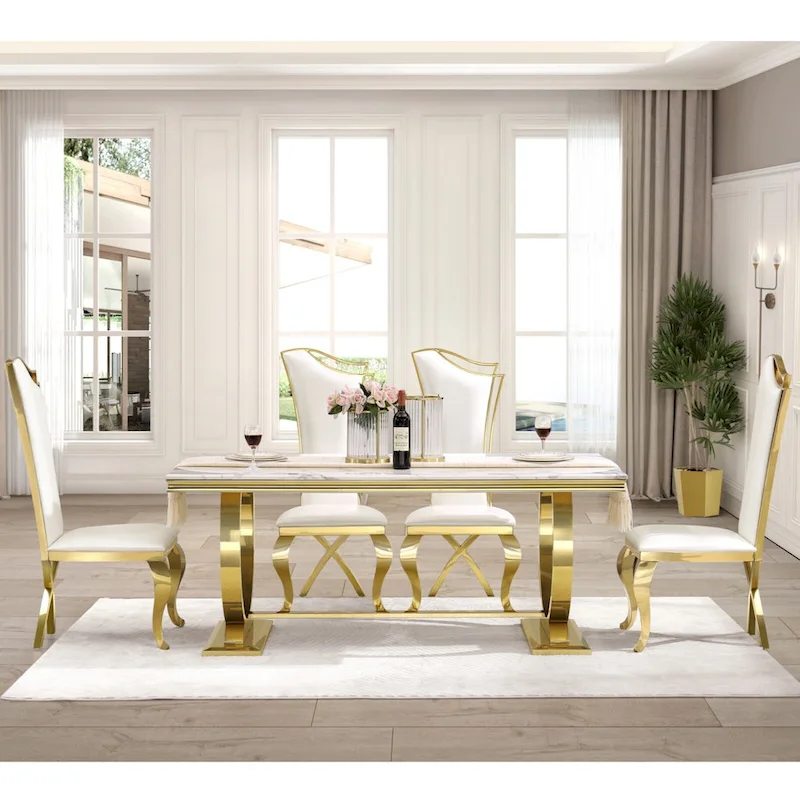 Luxury Dining Table with Polished Metal Circle Base - 72 Inch