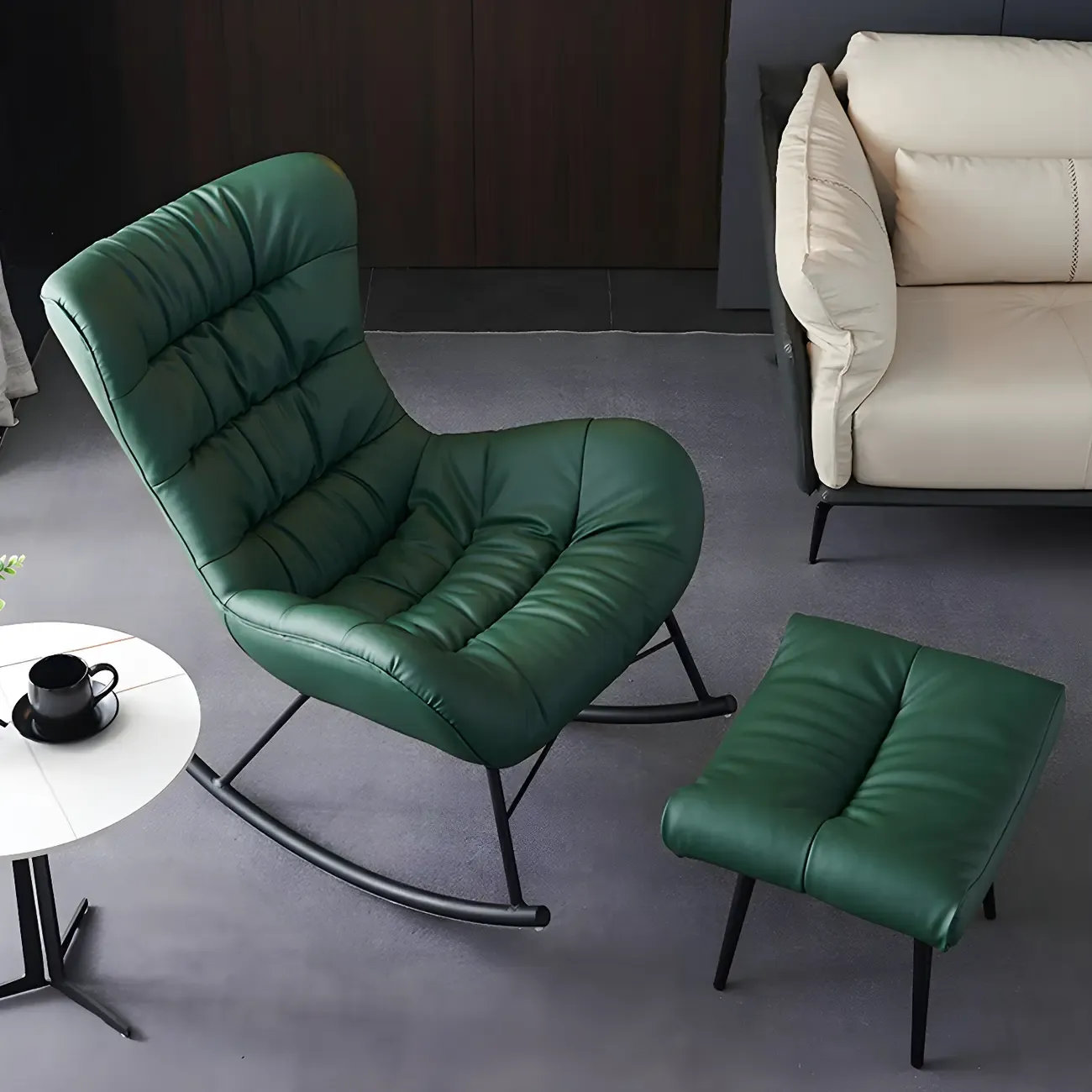 Vintage Green Upholstered Rocking Chair with Ottoman for Indoor