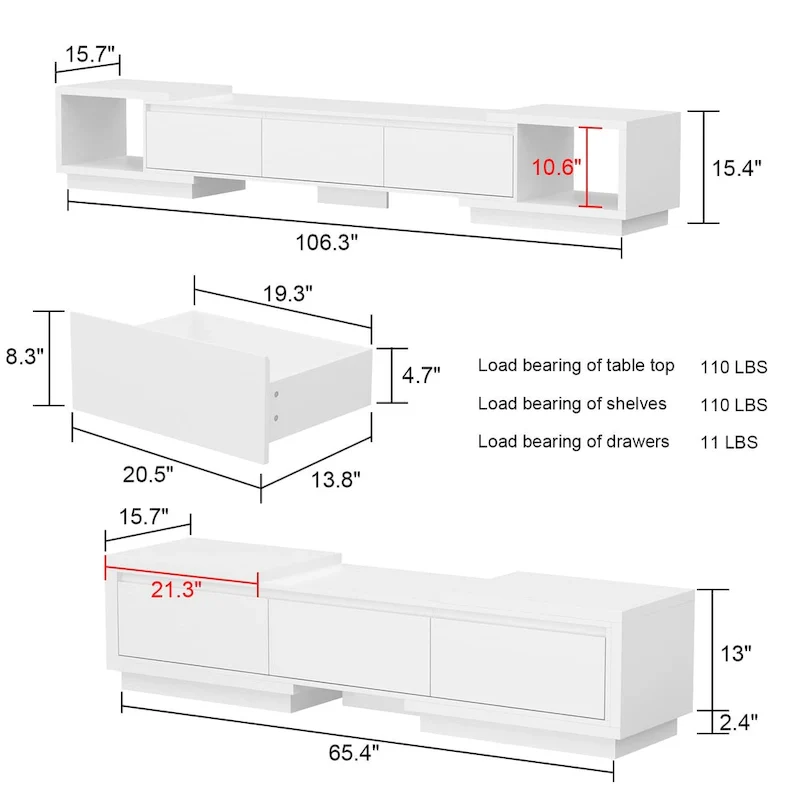 Modern Style Extendable TV Stand with 3Drawer White/Black 65.4-106.3