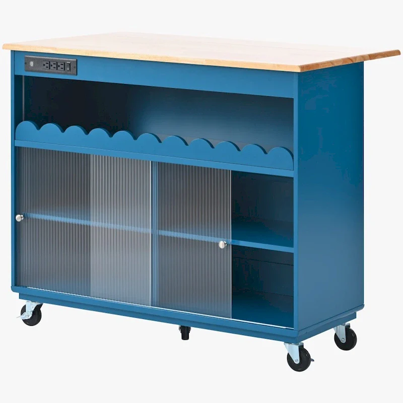 LED Light Kitchen Island on Wheels with Drop Leaf and Power Outlets