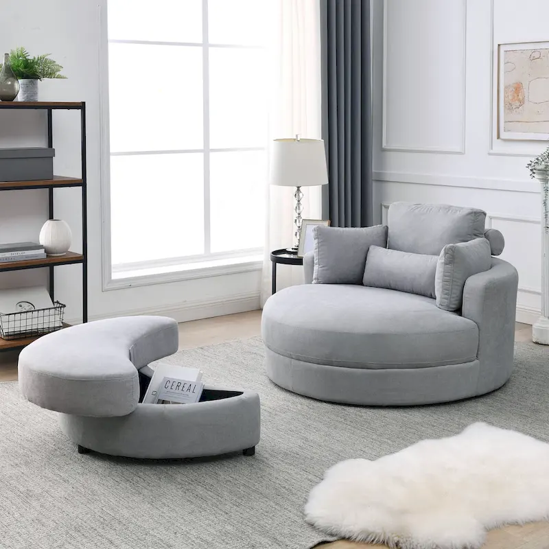 Welike Swivel Accent Barrel Modern Grey Sofa Lounge Club Big Round Chair with Storage Ottoman