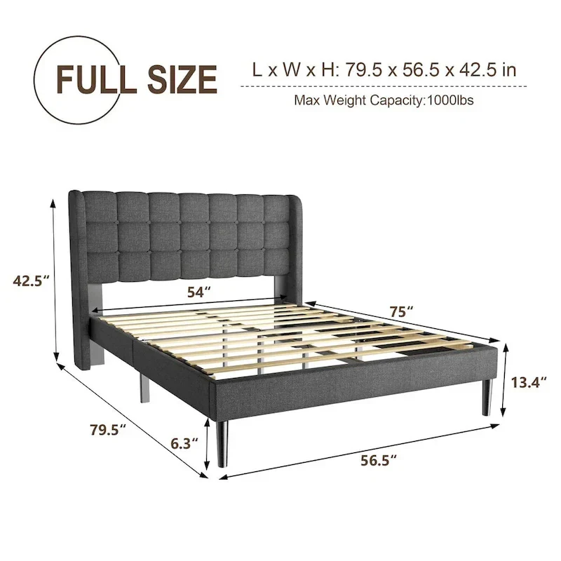 Upholstered Wingback Bed Frame with Wooden Slats