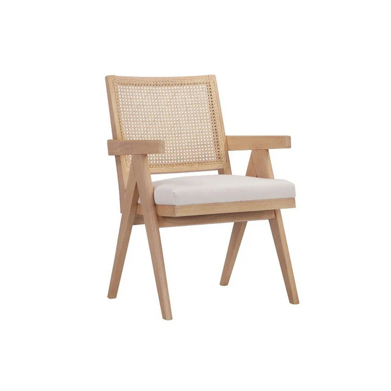 Isha 24 Inch Armchair with Cane Back, Off White Velvet, Brown Wood Frame