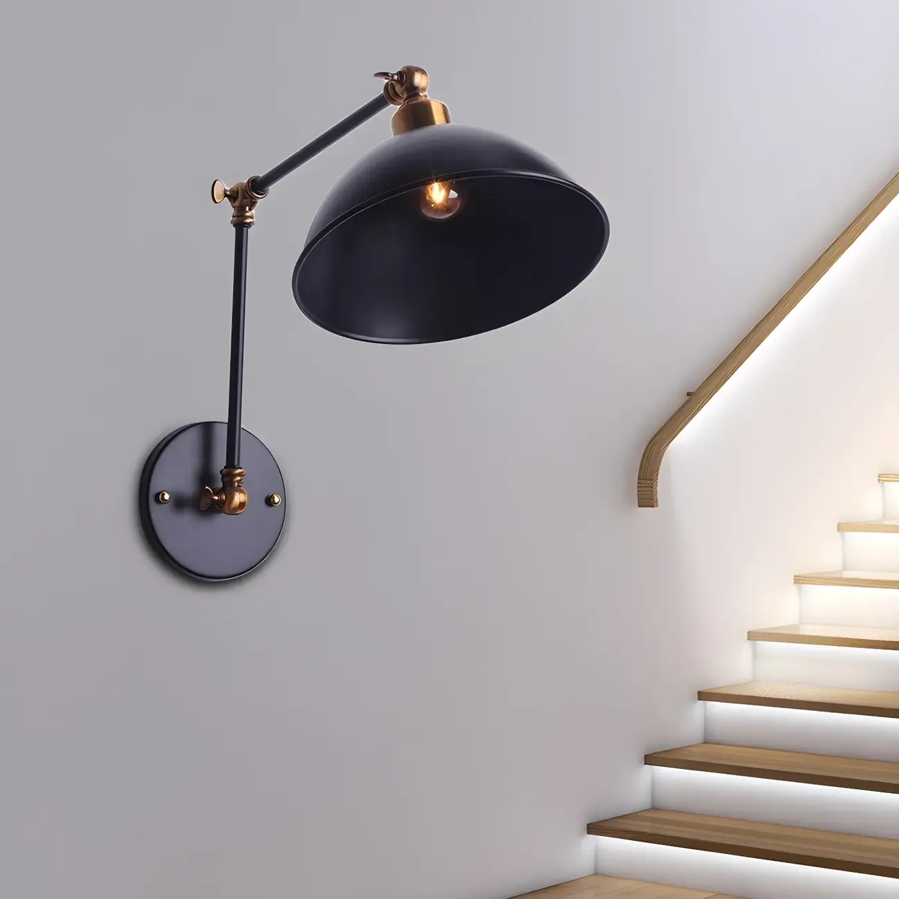 Industrial Black Metal Swing Arm Wall Sconce for Stairway