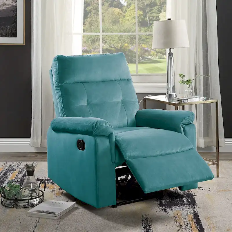 Velvet Upholstered Manual Motion Single Recliner with Tufted Back