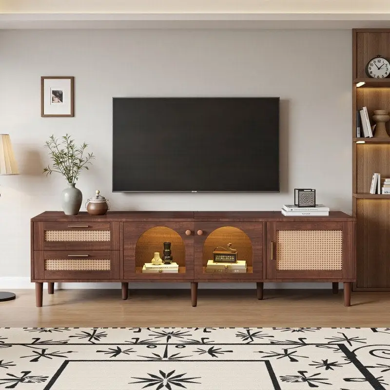 TV Stand with Rattan-Inspired Design, Fits TVs Up to 80 Inches, 3 Cabinets & 2 Drawers