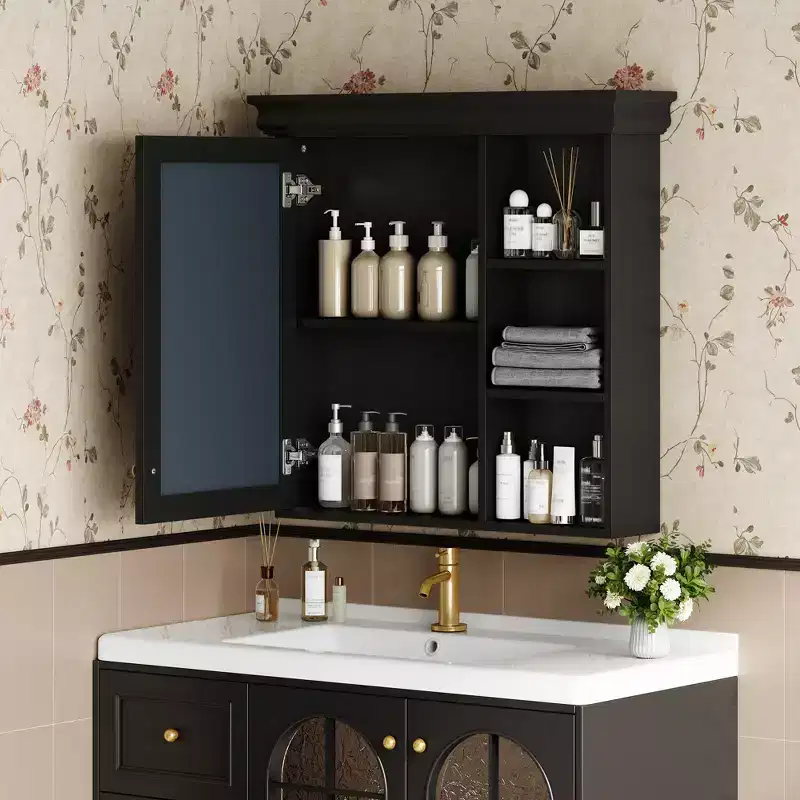 FAMYYT 30 in. W x 28 in. H Rectangular MDF Medicine Cabinet with Mirror, Adjustable Shelf, Soft-closing Hinges, Open Shelves