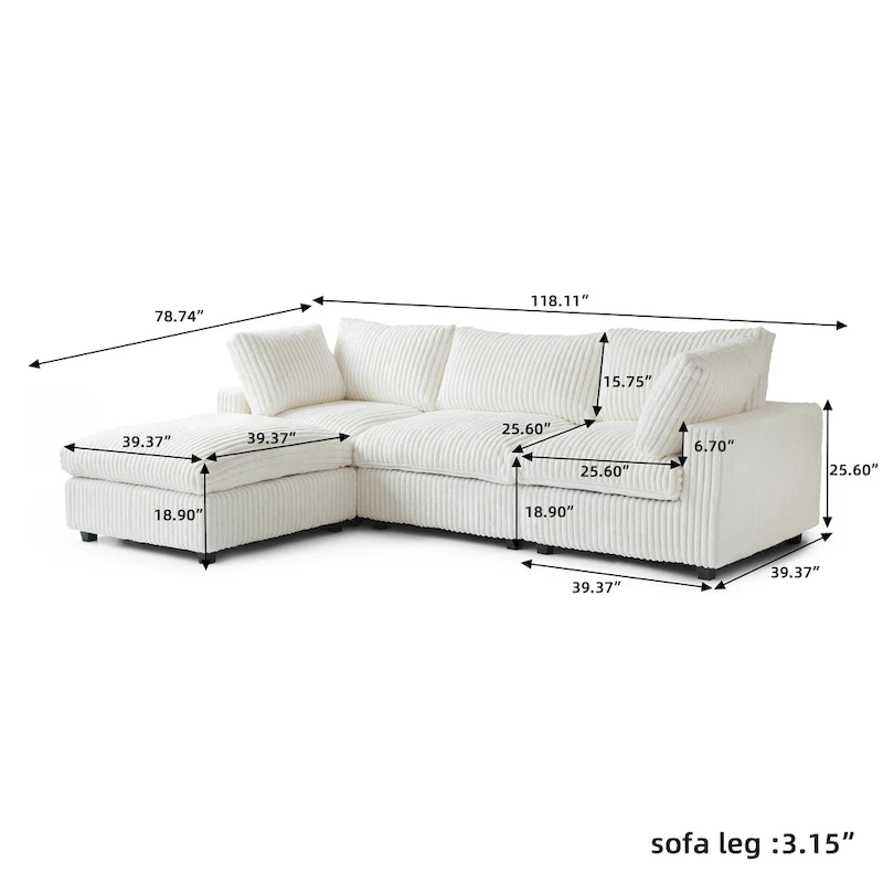 L-shaped Polyester Fabric Couch Modern Sectional Sofa with Ottoman