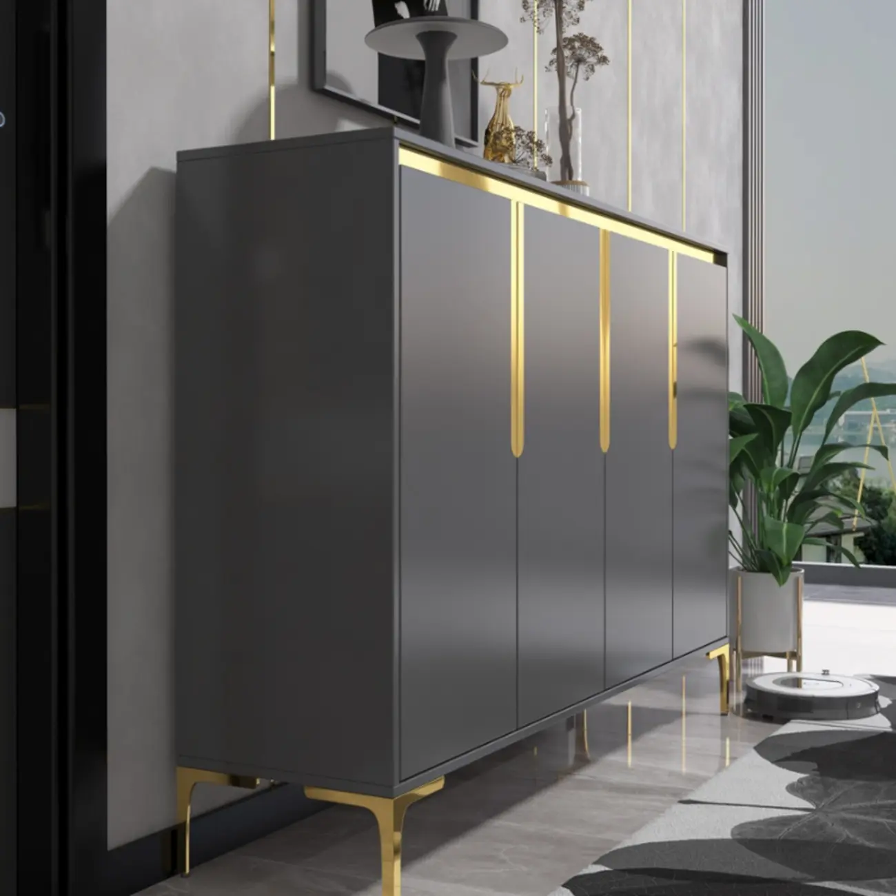 Entryway Wood Large Shoe Cabinet with Gold Accents