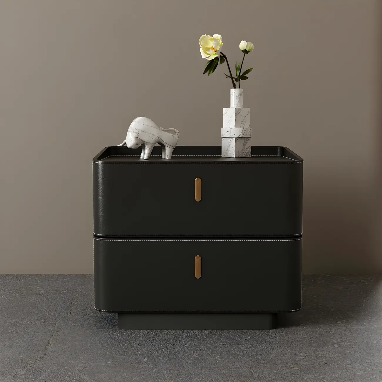 Modern Black Faux Leather Top Wood 2-Drawer Nightstand