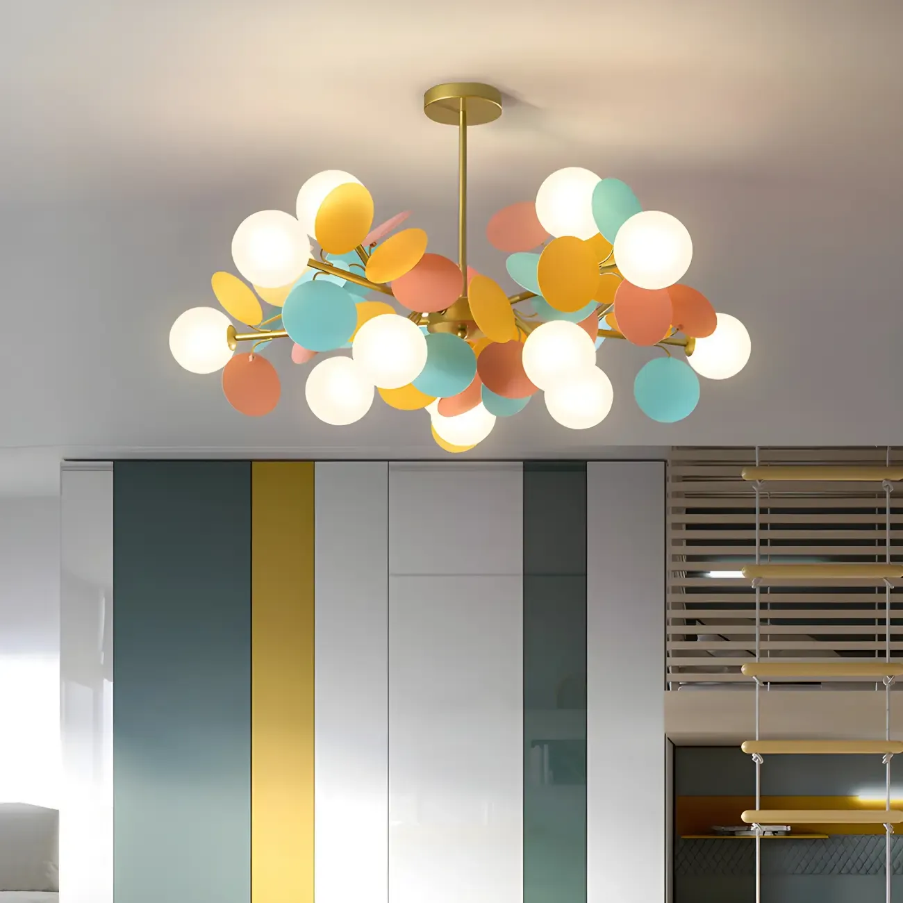 Pastel Sphere Glass and Metal Starburst Chandelier