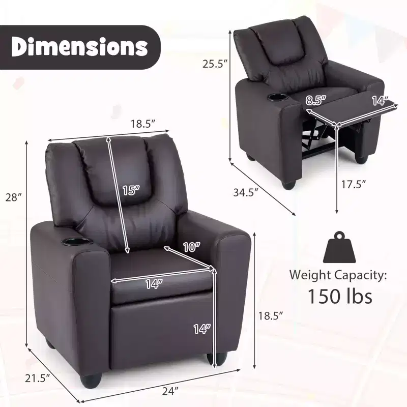 Kids Recliner Chair with Cup Holder – Beige / Black / Brown / Pink, Push-Back Style, 1-Seat