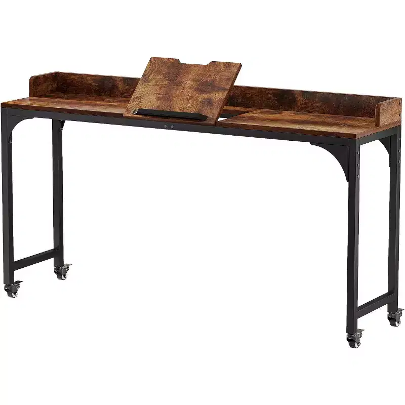 Brown Adjustable Overbed Table with Tilt Stand and Lockable Wheels – Queen Size
