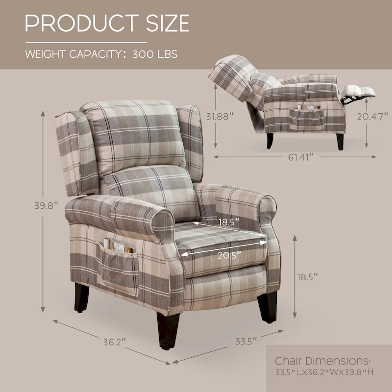 HOMYKA Polyested Upholstered Pushback Recliner Accent Chair Wingback Armchair