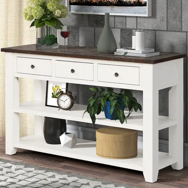 Modern Solid Pine Wood Top Console Table with 3 Drawers and 2 Shelves