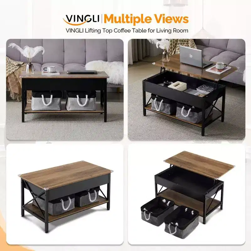 Adjustable Side X-shaped Metal Frame Rectangular P2 Board Brown Panel Black Wood Grain Side Panel Coffee Table