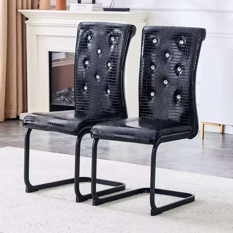 Set of 2 Retro Alligator Skin Upholstered Dining Chairs with Black Metal Legs