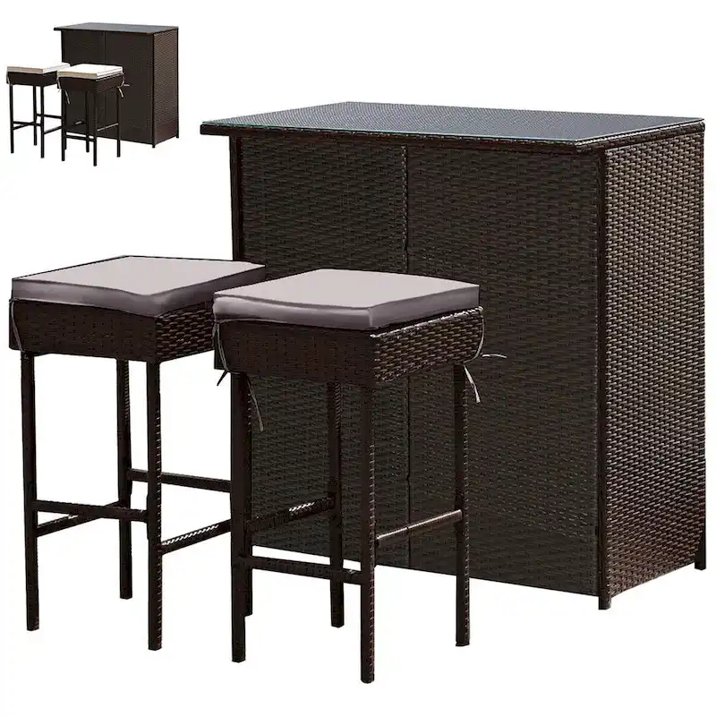 Gymax 3PCS Rattan Patio Bar Table & Stool Set Dining Set w/ Gray & Off