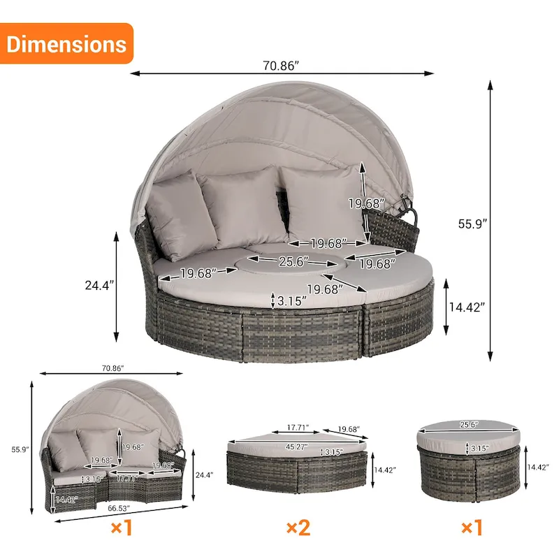 5-Piece Round Daybed Sunbed with Canopy & Removable Cushions