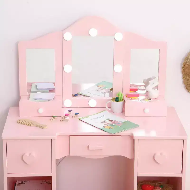 Vanity Set with Mirror, 2 in-1 Wooden Toddler Vanity Table with Stool & Drawer