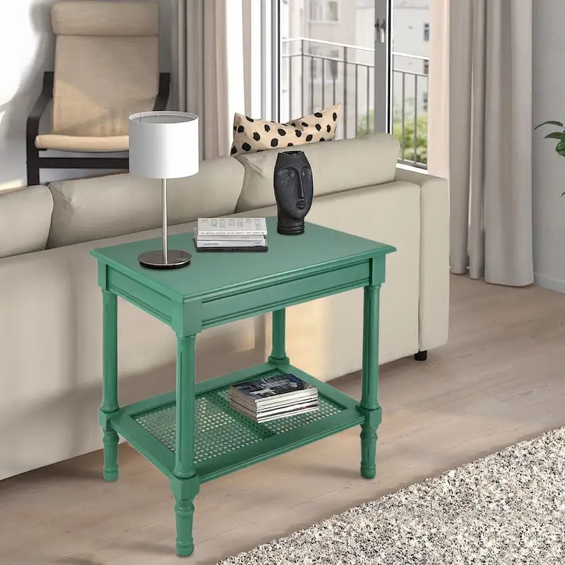 Copper Grove Reine Cream Side Table with Rattan Shelf