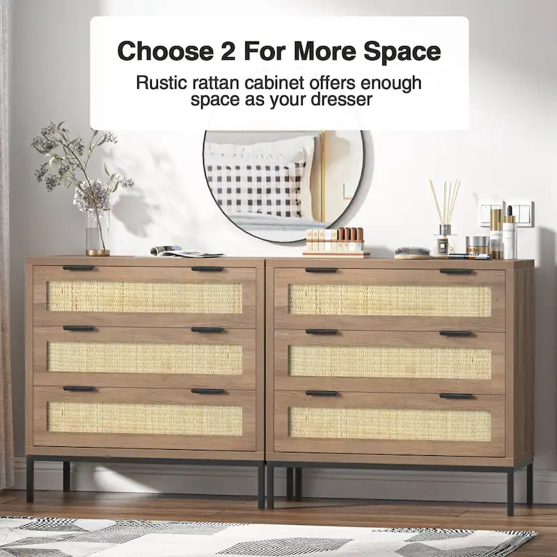 Anmytek Modern 3-Drawer Brown Dresser Rattan Chest of Drawers Storage Cabinet for Bedroom