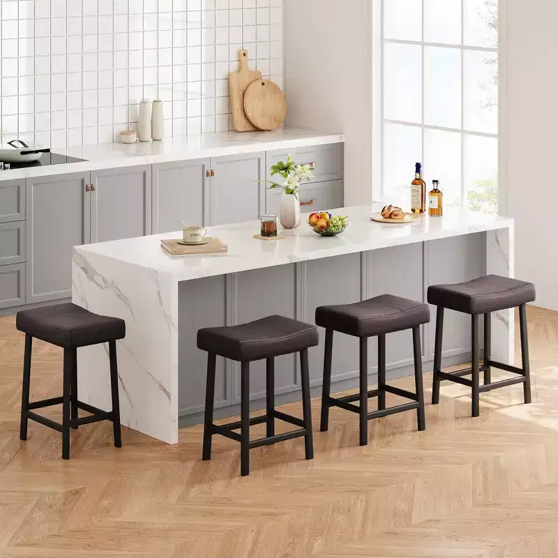 Counter Height Bar Stools Set of 4, 24 Inch Barstools for Kitchen Island Counter, Upholstered Padded Saddle Chairs with Curved Cushion, Brown