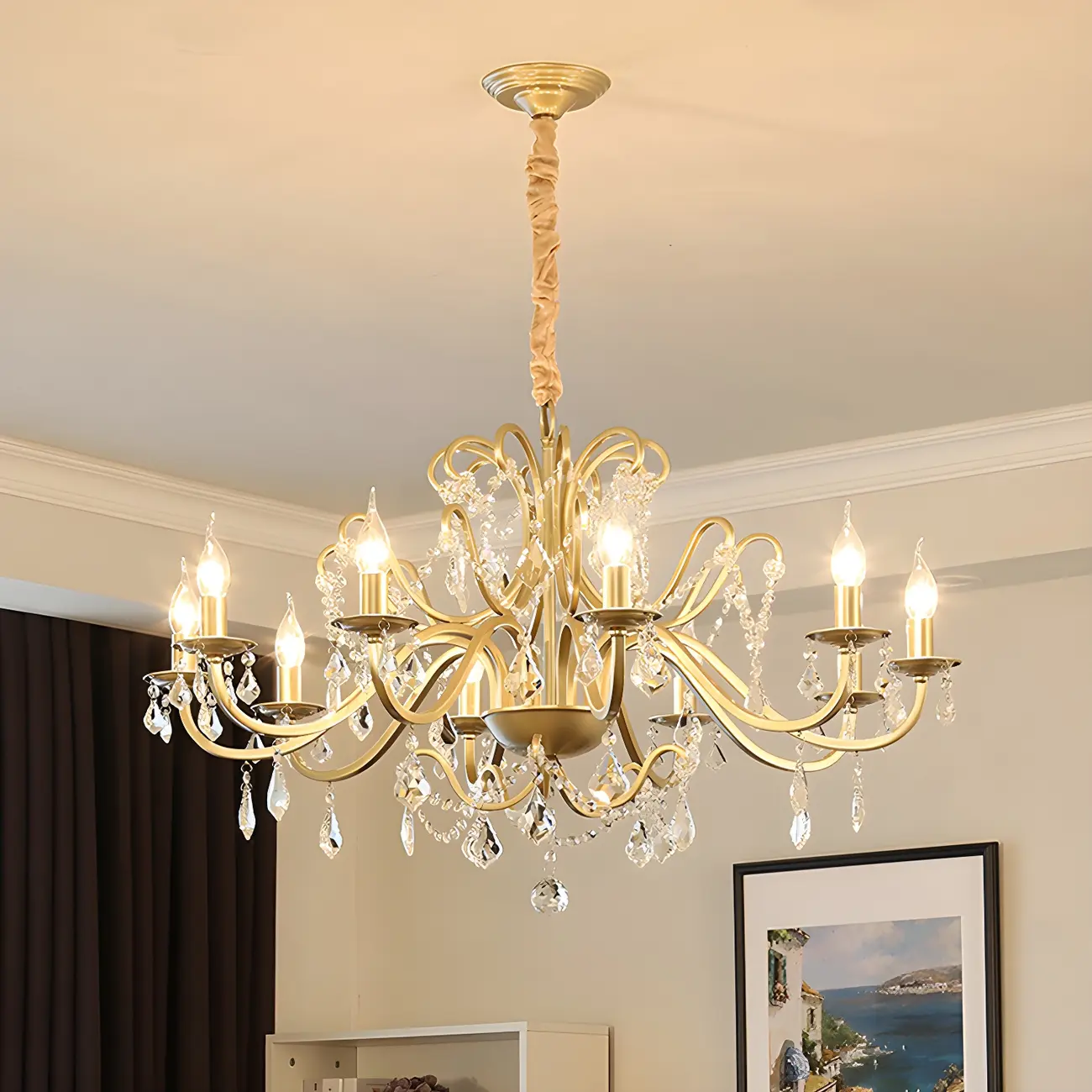 French Curved Arms Gold Crystal Candelabra Chandeliers