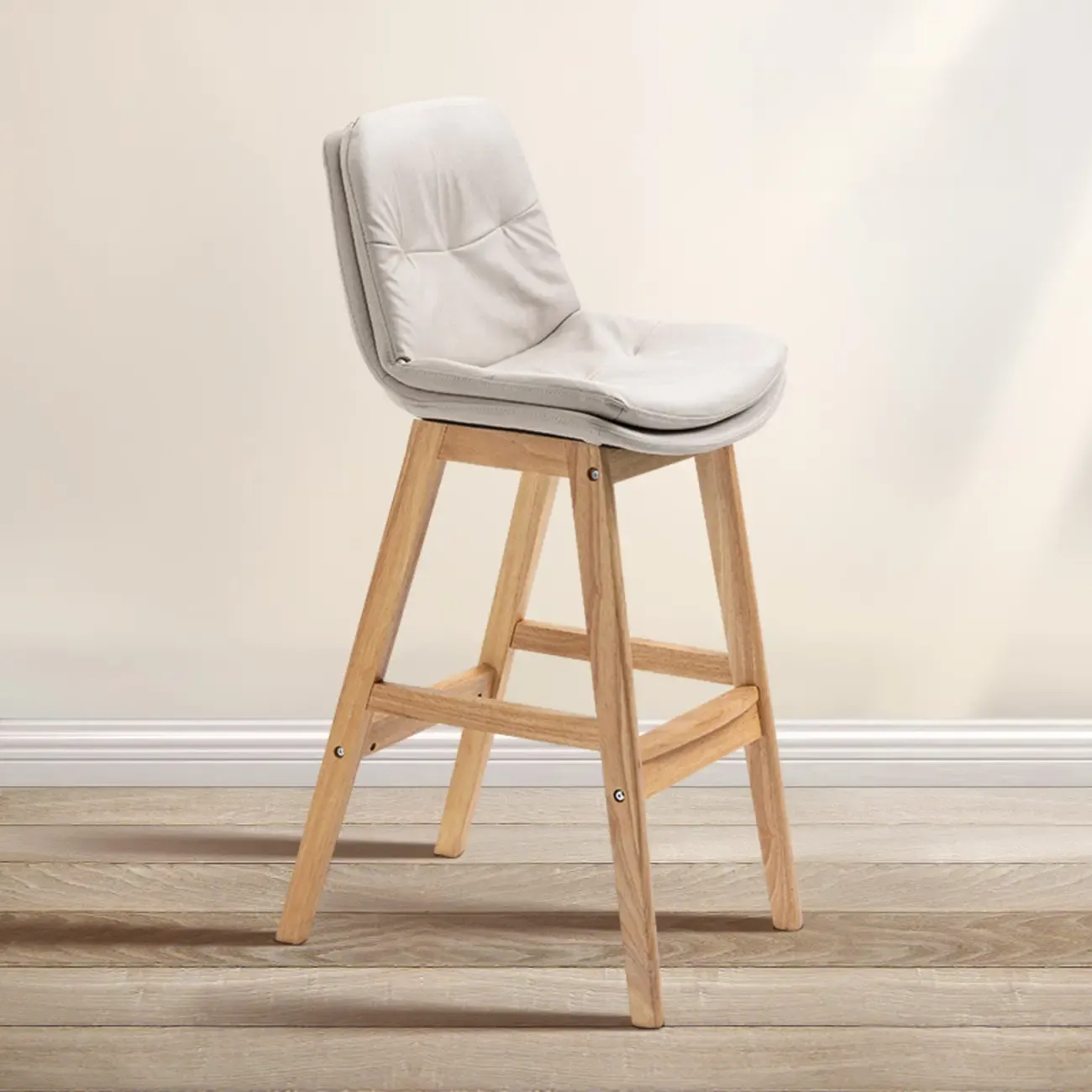 Scandinavian Wood Frame Leather Ergonomic Bucket Bar Stool