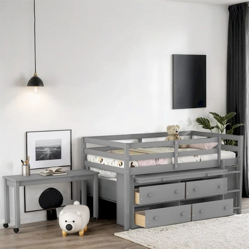 Twin Size Wood Loft Bed with Retractable Writing Desk and 4 Drawers
