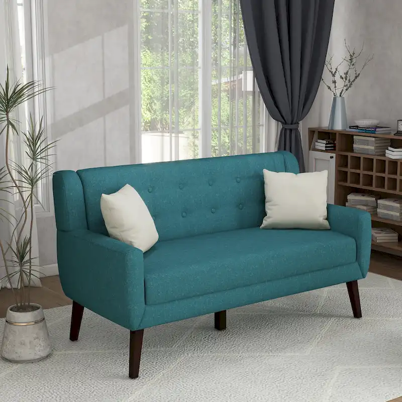 Modern Curved 63  Button Tufted Upholstered Loveseat with 2 Pillows