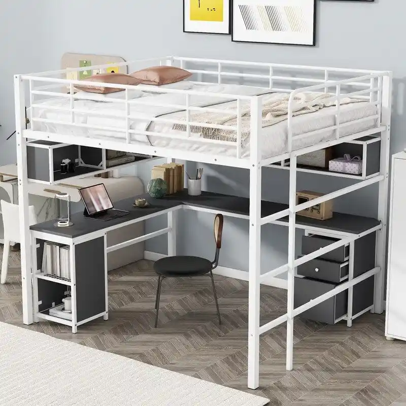 Full Size Metal Loft Bed with Bookcase, Desk and Cabinet