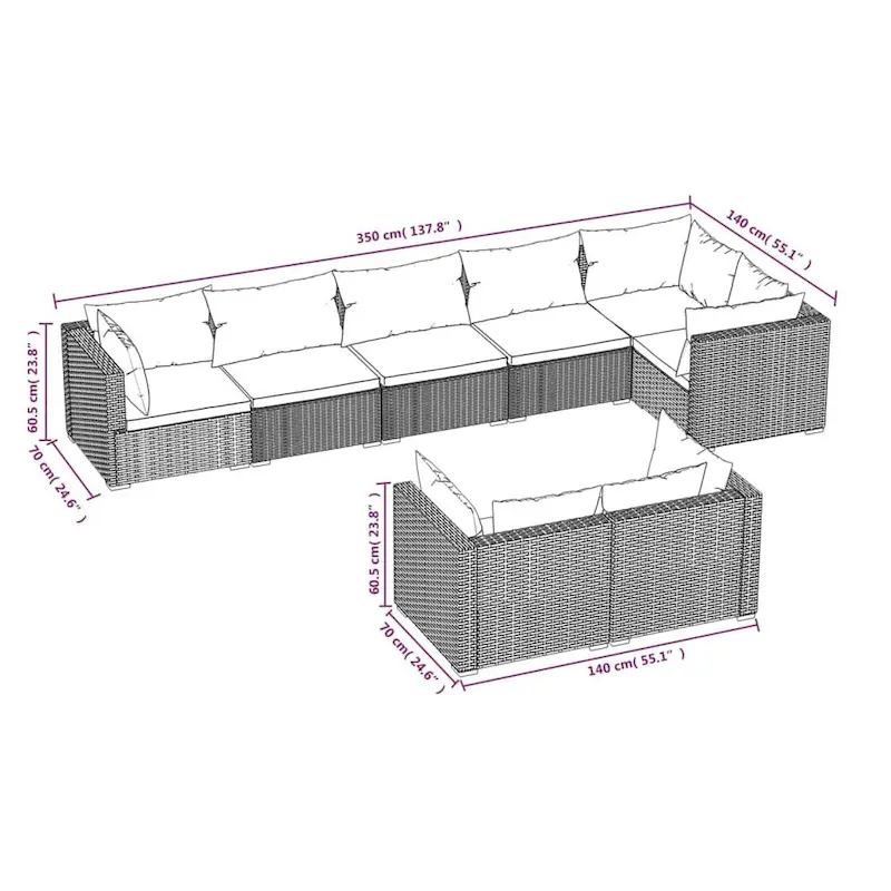 vidaXL Patio Lounge Set with Cushions Brown Poly Rattan - 27.6  x 27.6  x 24  - 27.6  x 27.6  x 24