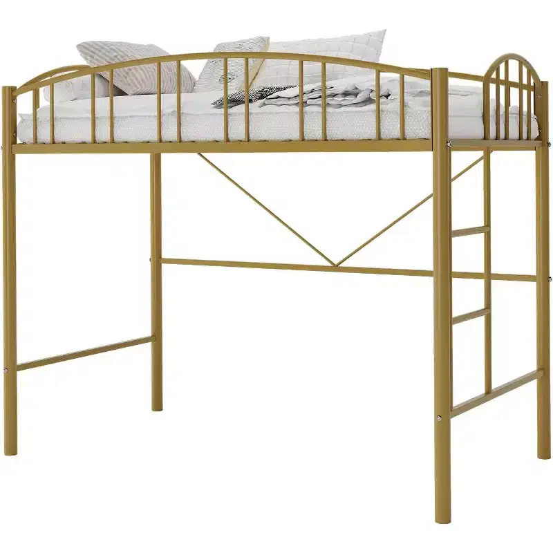 Acekool Twin Loft Bed with Stairs, Arched Guardrail, Metal Frame, Space-Saving, Noise-Free, Gold