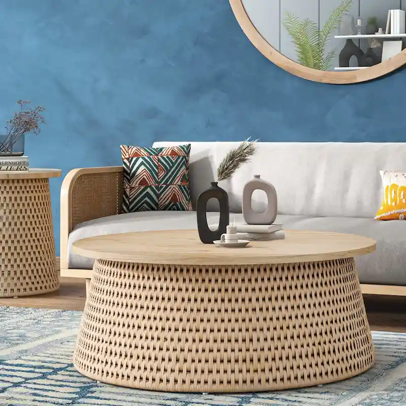 Kamari Rattan Coffee Table & Side/End Table w/ Wood Top