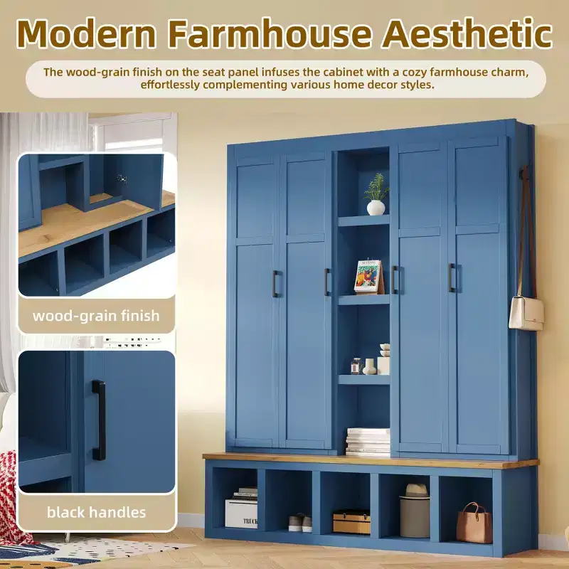 Blue Farmhouse 4-in-1 Hall Tree with 6 Hanging Hooks Mudroom Wood Grain Bench with Open Compartments